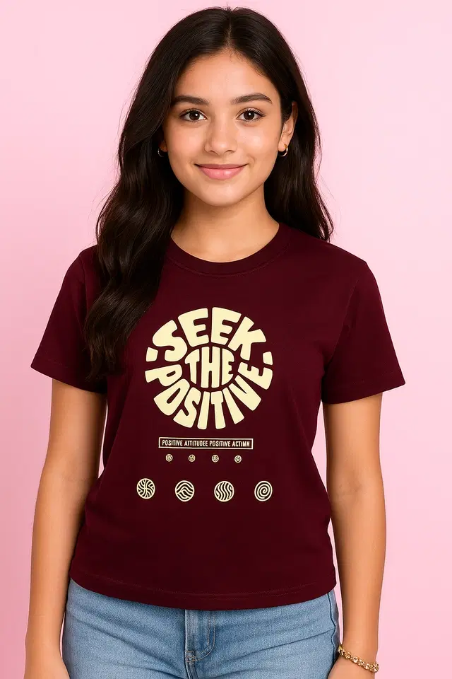 Round Neck Printed T-Shirt for Girls, Maroon (30)