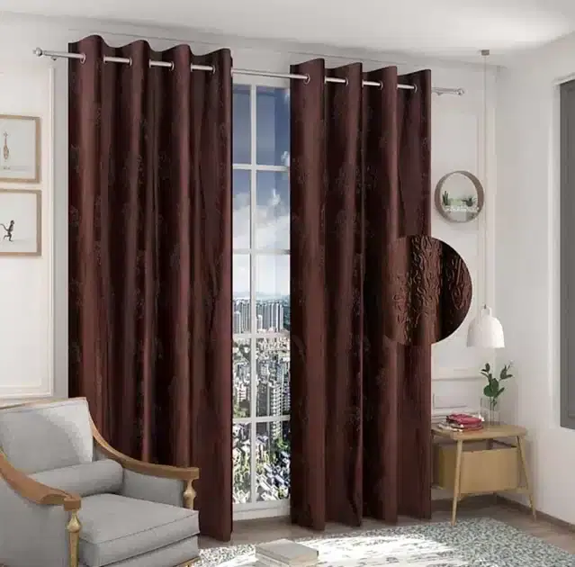 Polyester Embroidered Window & Door Curtains, Pack of 2, Brown, 5 feet