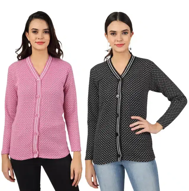 Woollen Blend Full Sleeves Cardigan for Women, Pack of 2 (Purple & Black, M)