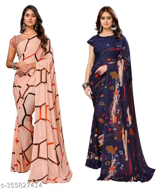 Designer Printed Georgette Saree for Women, Pack of 2 (Multicolor, Free Size)