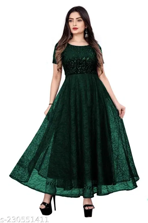 Georgette Embellished Gown for Women (Bottle Green, XXL)