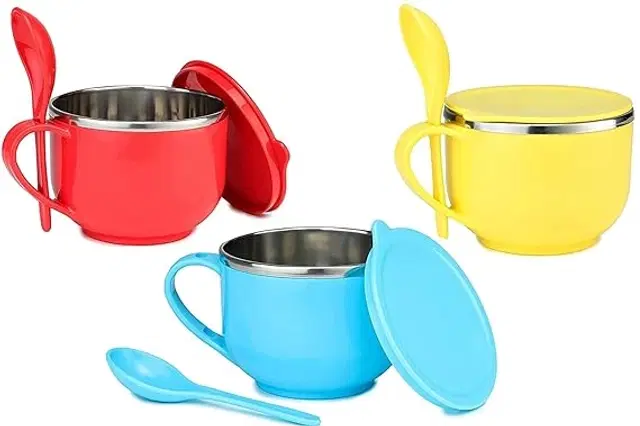 Inner Steel Microwave Safe Noodles, Soup Bowl with Spoon & Lid, Multicolor, Set of 3