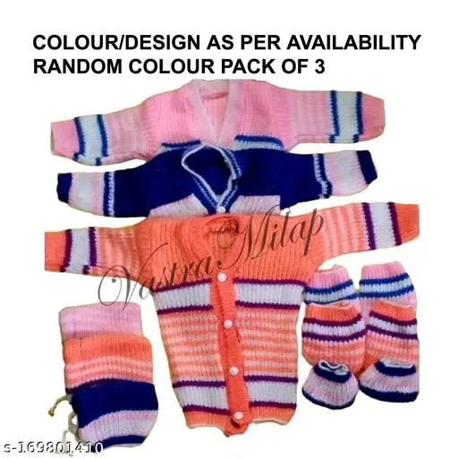 Woolen Clothing Set for Kids, Set of 3 (Multicolor, 0-3 Months)