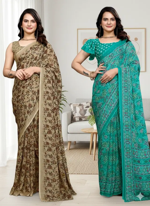Georgette Printed Saree for Women, Multicolor, Pack of 2 (6.3 m)