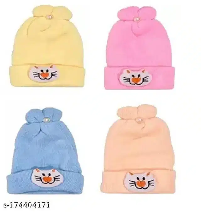 Woolen Cap for Kids, Pack of 4 (Multicolor, 0-3 Months)