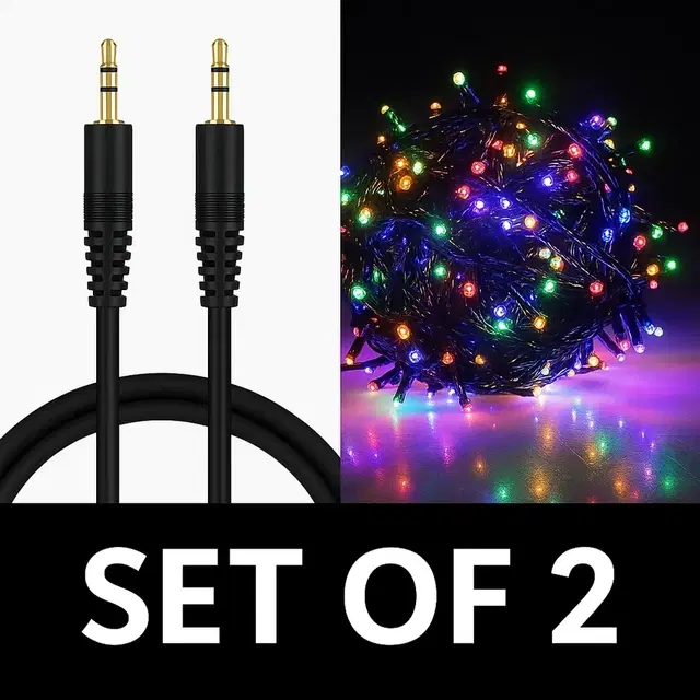 Combo Set of AUX Cable 1 Mtr & String LED Light 15m (Multicolor)