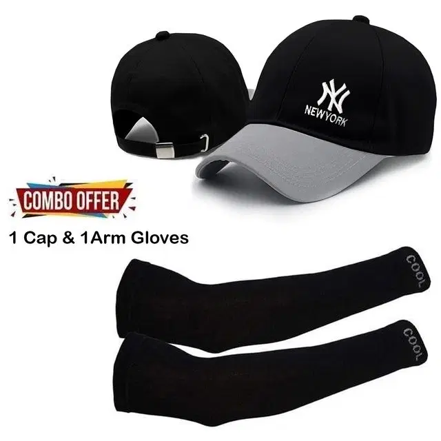 Printed Caps with Arm Sleeves for Men , Set of 2, Black (Free Size)