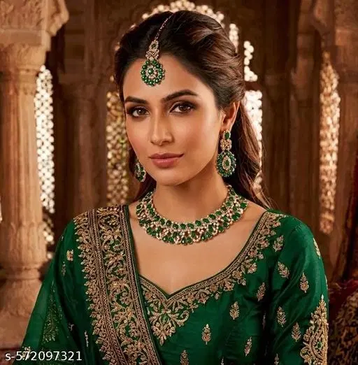 Neckpiece with Earring and Maang Tikka for Women (Green, Free Size)