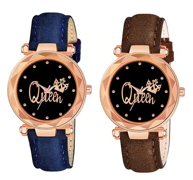 Designer Leather Analog Watch for Women & Girls, Pack of 2 (Blue & Brown)