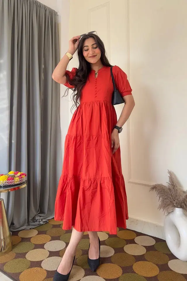Cotton Blend Solid Dress for Women (Red, L)