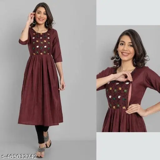 Botanical Embroidered Maternity Kurti (Maroon, XXL)
