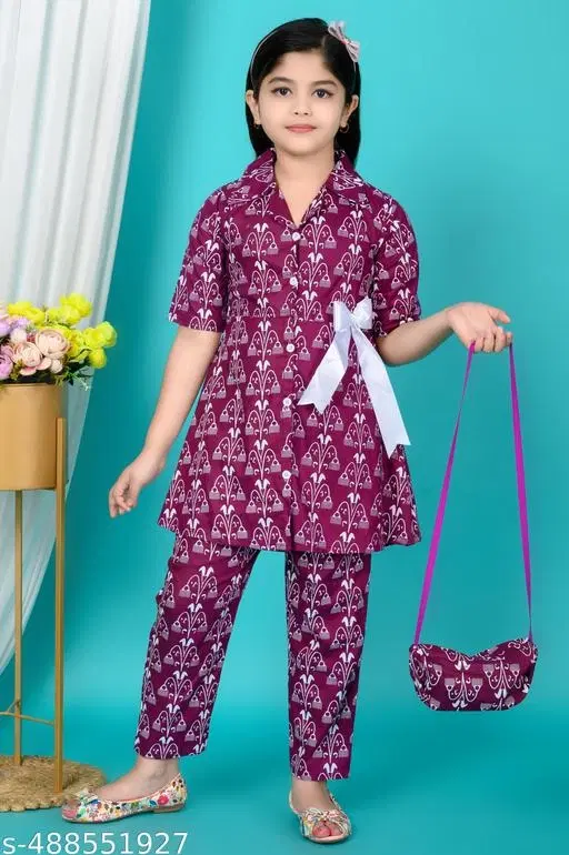Printed Kurta Pajama Set for Girls (Multicolor, 2-3 Years)