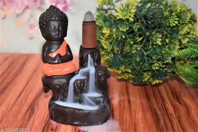 Resin Lord Buddha Idol cum Incense Holder, Black & Orange