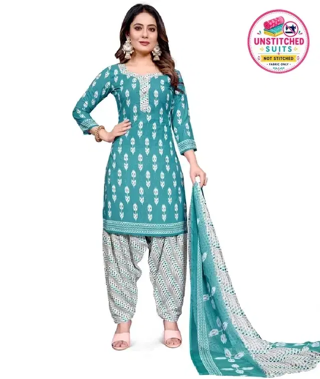 Cotton Blend Block Print Unstitched Suit with Dupatta for Women, Teal