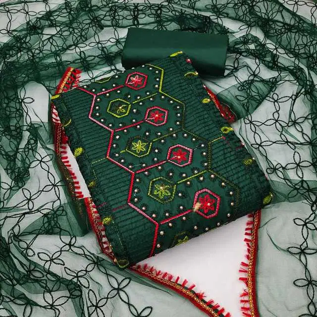 Women's Unstiched Dress Material Suit (Dark Green) (VK-268)