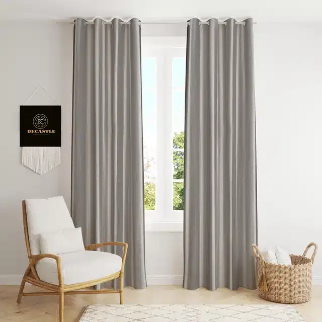 Polyester Curtains for Window & Door, Grey, 5 feet, Pack of 2