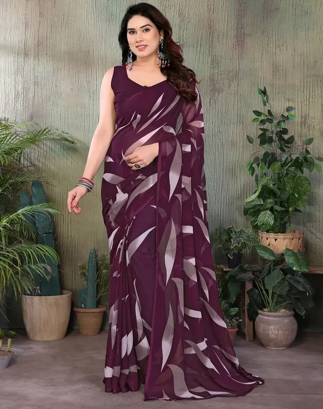 Georgette Saree for Women, Floral (Purple, Free Size)