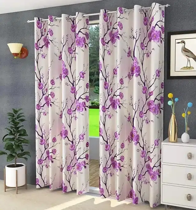Polyester Printed Window & Door Curtains, Pack of 2, Purple, 5 feet