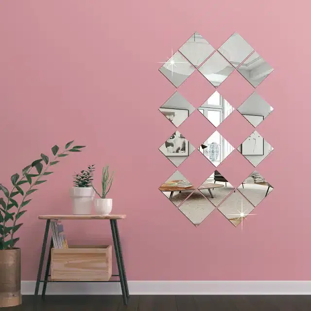 Acrylic Square Shaped Wall Mirror Stickers, Silver, Pack of 16