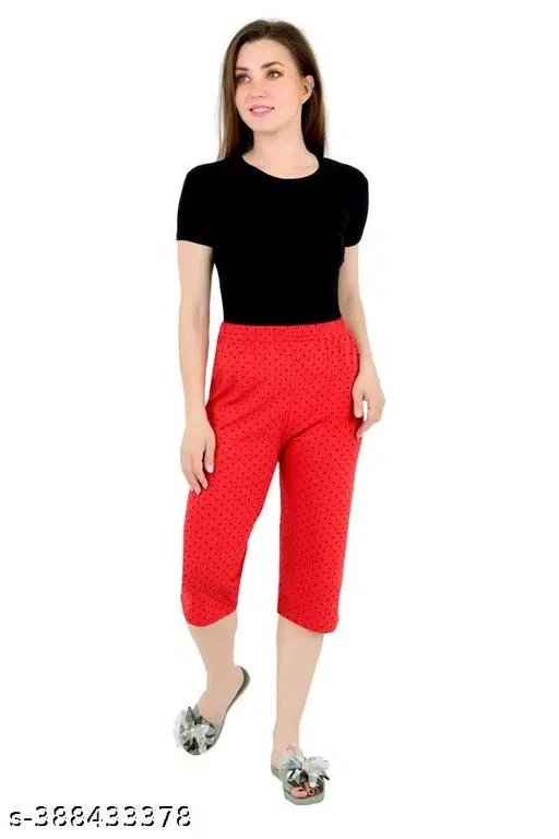 Cotton Solid Capri for Women (Red, M)