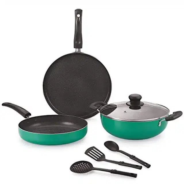 Aluminium Non Stick Tawa, Sauce Pan, Kadahi with Lid & Spatulas, Green, Set of 7