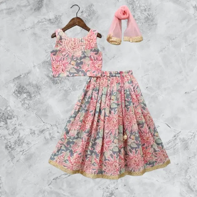 Rayon Printed Lehenga with Choli for Girls (Pink, 3-4 Years)