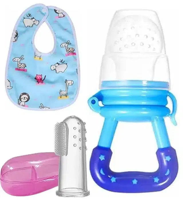 Silicone Fruit Feeder with Finger Brush & Bib for Kids, Multicolor, Set of 3