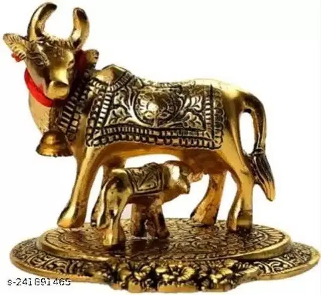 Brass Kamdhenu Cow with Calf Showpiece, Gold