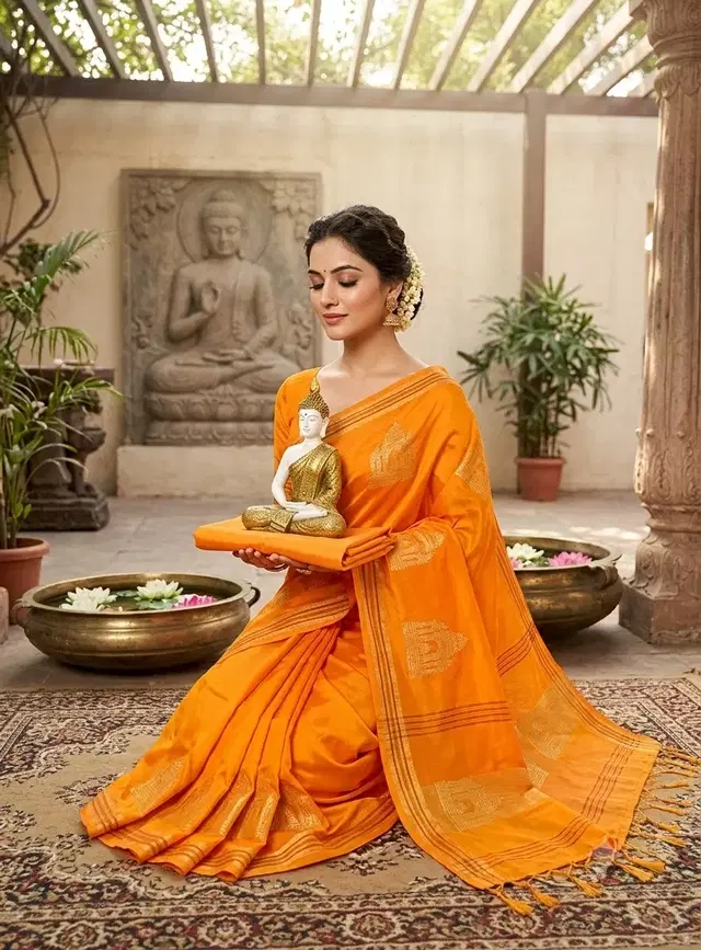 Cotton Silk Saree for Women (Yellow, Free Size)