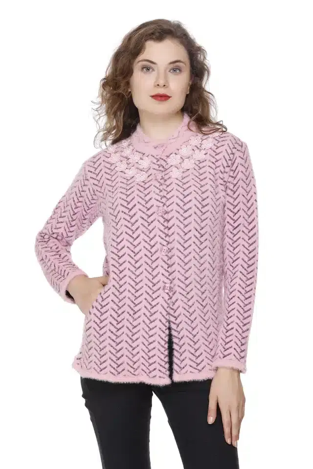 Woolen Embroidered Cardigan for Women (Pink, Free Size)