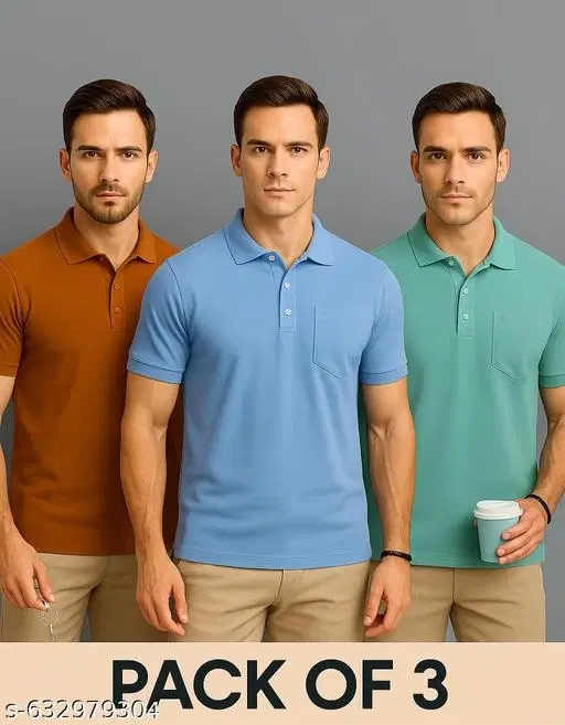 Cotton Blend Solid T-shirt for men, Multicolour (L) Pack of 3