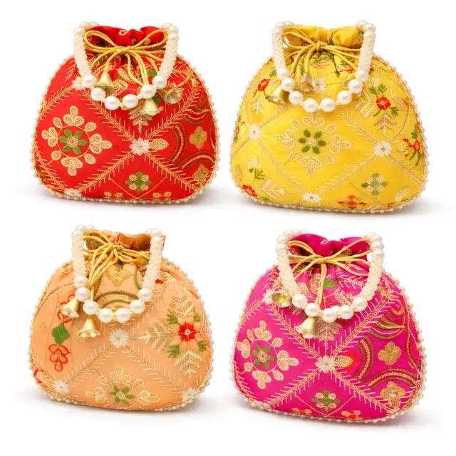 Handcrafted Embroidered Silk Potli Bag, Multicolour, Pack of 4