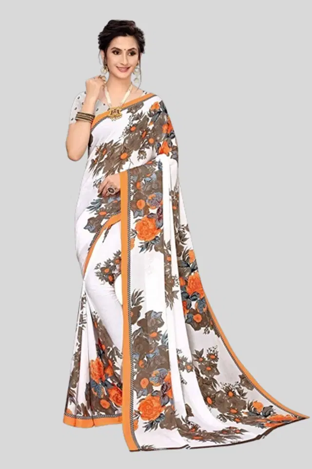 Georgette Printed Saree for Women (White & Orange, 6 m)