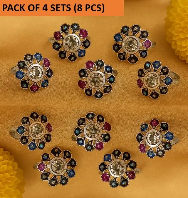 Women's Meenakari Round Toe Rings- Set of 4