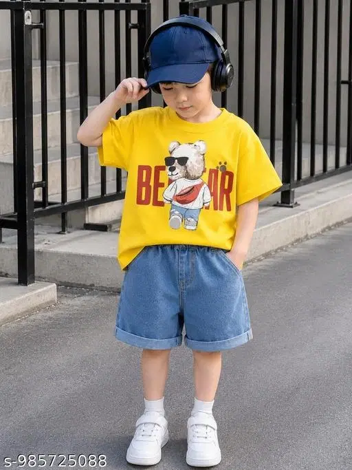 Bear Printed Cotton T-Shirt & Denim Shorts Set for Boys (Yellow, 0-6 Months)