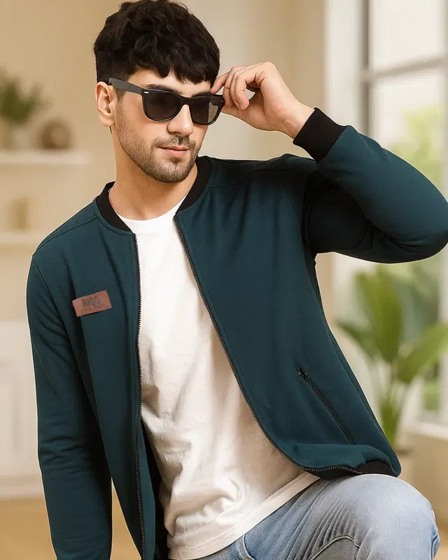 Fleece Solid Sweatshirt For Men, Green (M)