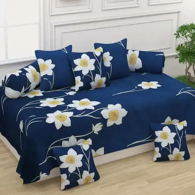 Adirav Polycotton Feel Single Bed Sheet, 2 Bolster covers & 5 Cushion Covers, Navy Blue, ADRV-DW-59