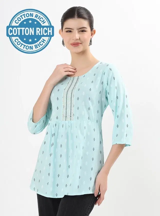 Womens Casual Sleeve Yoke embroidered short Kurti , Blue (M)