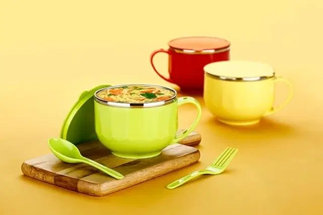 Inner Steel Microwave Safe Noodles, Soup Bowl with Spoon & Lid, Multicolor, Set of 3