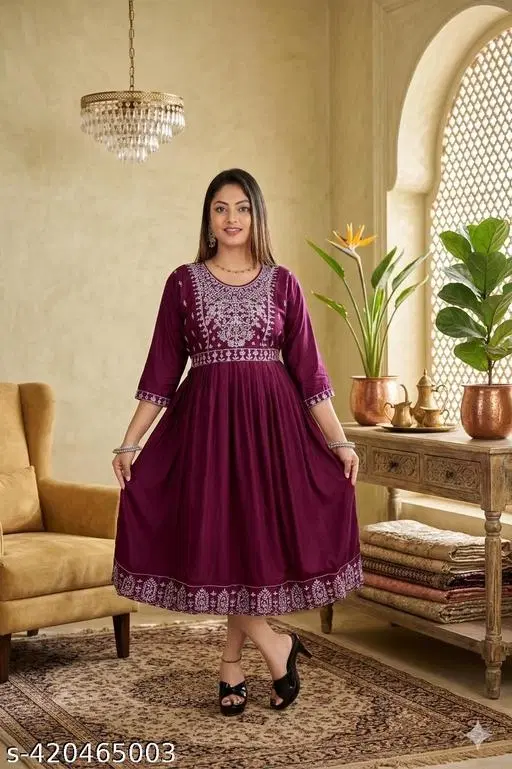 Embroidered Gown Kurti for Women (Purple, S)