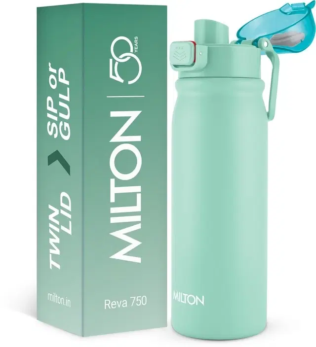 Milton Reva 1000 Steel Water Bottle with Twin Lid Sip or Gulp, 1 Litre Teal Blue 1000 ml Stainless Steel Bottle (Pack of 1, ) Teal Blue