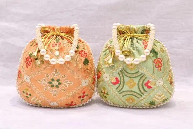 Handcrafted Embroidered Silk Potli Bag, Multicolour, Pack of 2