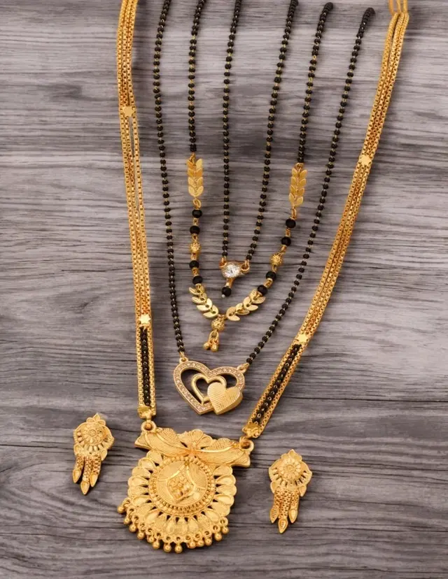 Combo of 4 Pcs Mangalsutras with Earrings Set for Women, Set of 5 (Gold)