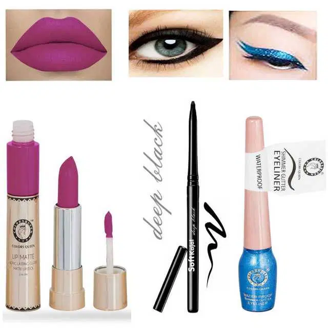 Combo of 1 Colors Queen Lip Matte 2 In 1 Deep Magenta 24 Hour Long Lasting Gloss & Matte Lipstick, 6&2 g & 1 Colors Queen 12 Hours Long-Lasting Smudgeproof Waterproof Deep Black Soft Kajal & 1 Colors Queen Waterproof Shimmer Glitter Blue Eyeliner, R860