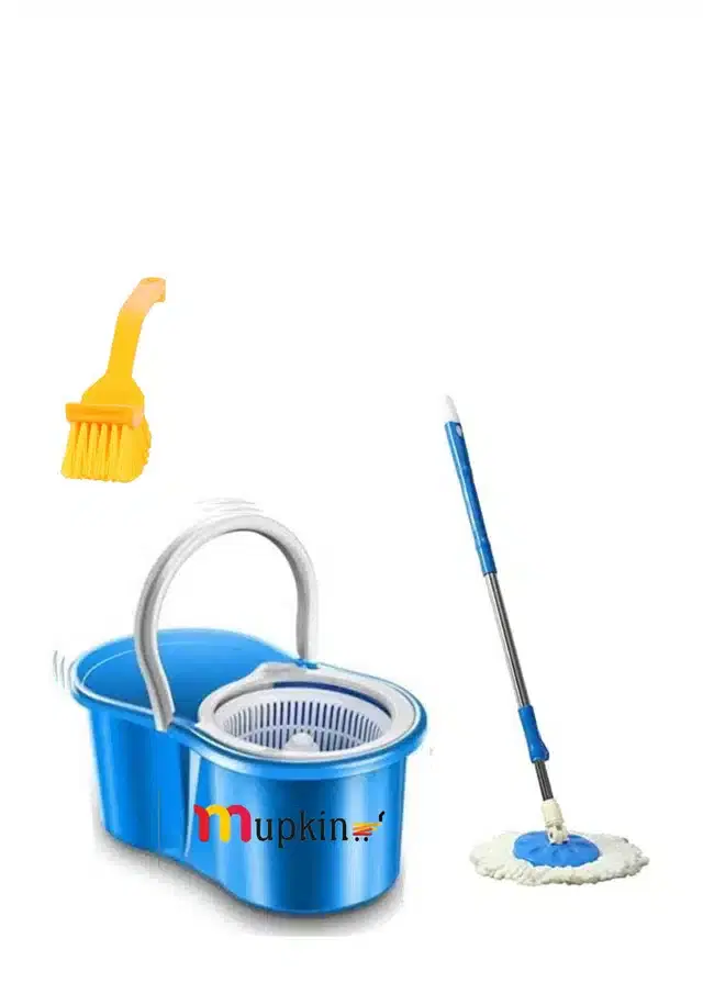 PVC Magic Spin Bucket Mop with Cleaning Brush Set, Blue, Set of 2