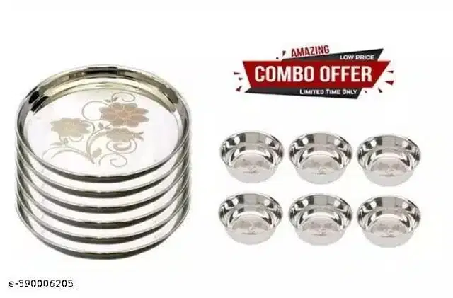 Stainless Steel 6 Pcs Bowls, 250 ml with 6 Pcs Plates, Silver, Set of 2