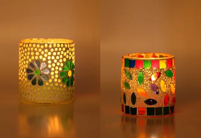 Glass Decorative Tea Light Holders, Multicolor, Pack of 2