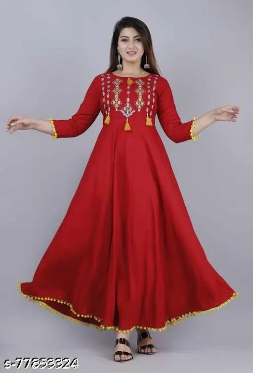 Women Rayon Embellished Flared Kurti, Red (L)