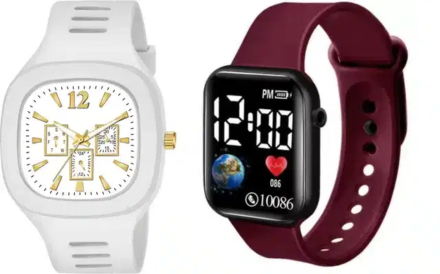 Analog with Smartwatch Combo for Men, Pack of 2 (White & Maroon)