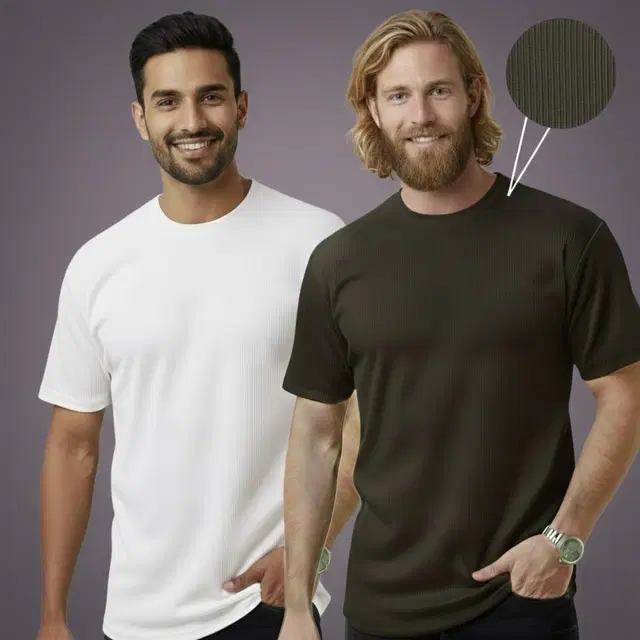 Polyester Round Neck T-shirt for Men, Multicolour, Pack of 2 (M)